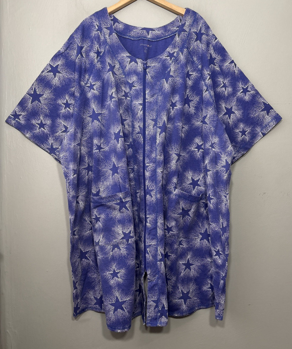 Dreams Co Robe Plus Size 4X Blue White Stars Print Zip Housecoat Cozy Bathrobe